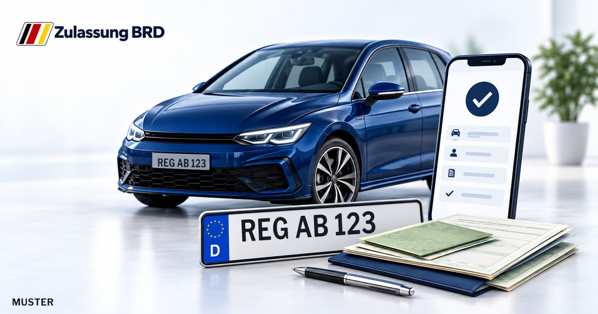 Online Fahrzeugzulassung in Viechtach: Musterkennzeichen REG AB 123, Auto und Fahrzeugpapiere und Smartphone. Illustration mit Logo von Zulassung BRD.